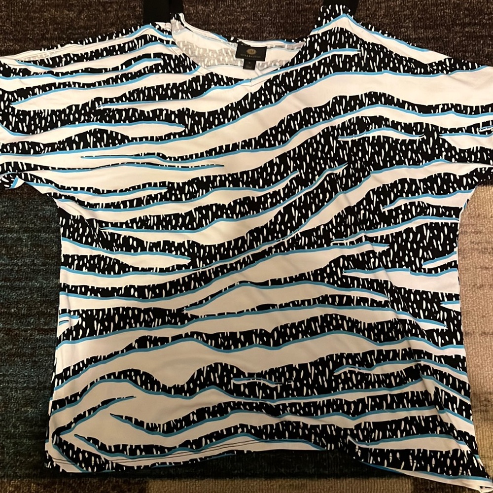 JM Collection Black Teal and White cold shoulder top